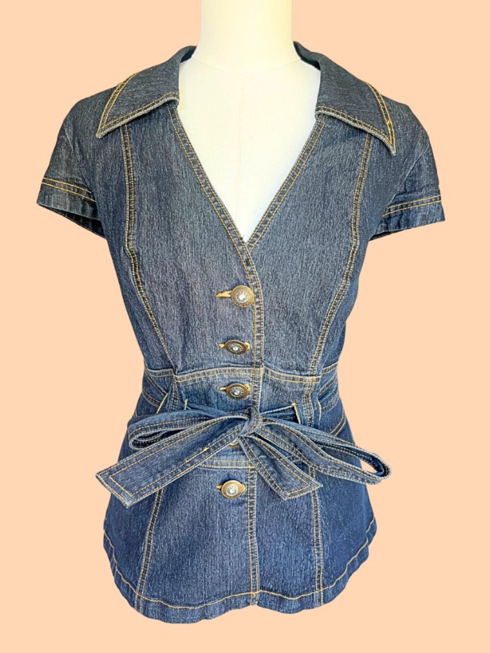 Vintage Y2K Bisou Bisou Denim Tie Waist Button Front Top